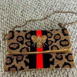 Vici Beaded Leopard Clutch with Red Accent